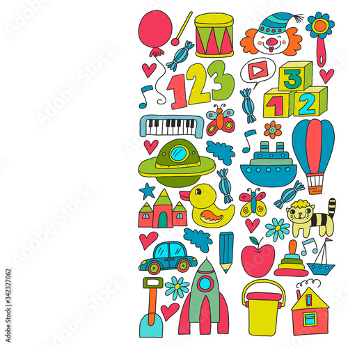 Kindergarten preschool school children. Kids drawing style vector pattern. Play grow learn together.