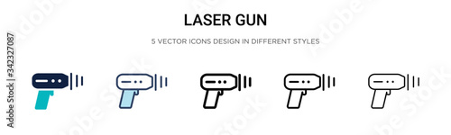 Laser gun icon in filled, thin line, outline and stroke style. Vector illustration of two colored and black laser gun vector icons designs can be used for mobile, ui, web