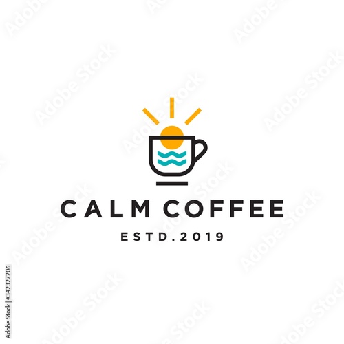coffee logo with sun rise and sea water in modern line outline style vector icon template