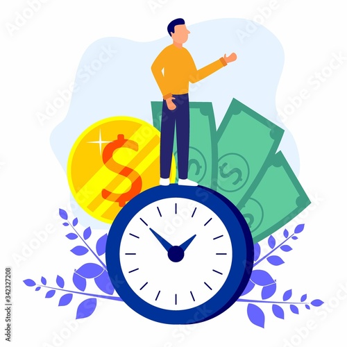 Vector illustration, young man with a big clock and various icons such as wallets, dollars and coins on a white background, the concept of working time management, the awakening of fast reactions.
