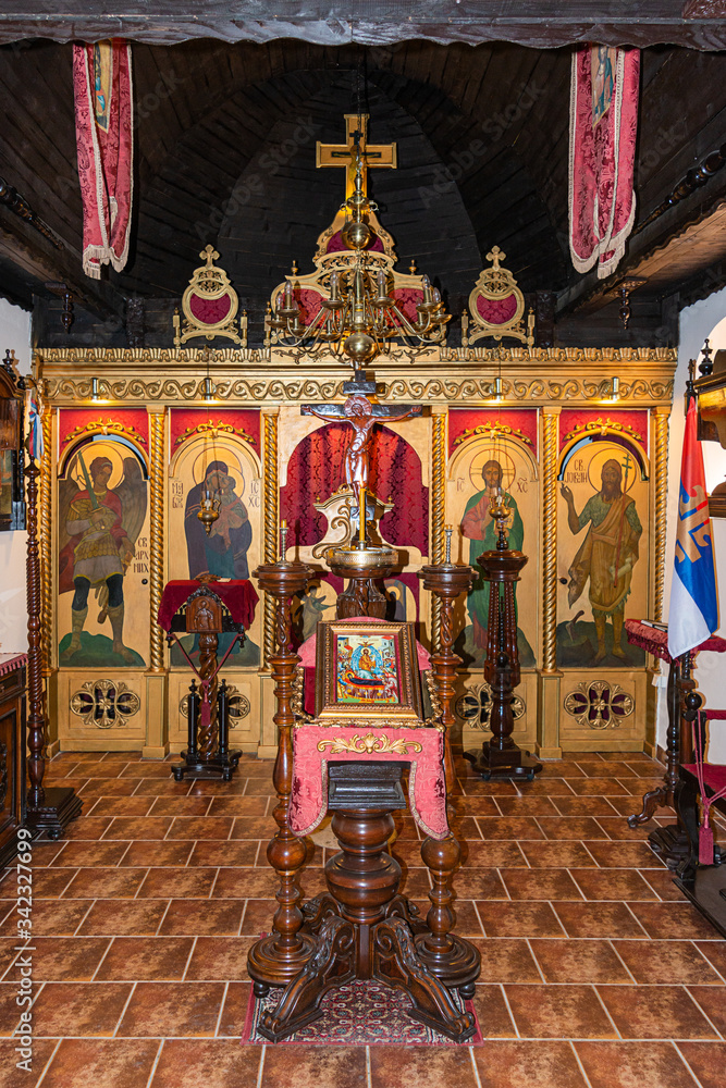 Krupanj, Serbia - April 19, 2019: Dobri Potok is a church park, formed as a unique spiritual and cultural center. Interior of Serbian Orthodox Church in Krupanj.