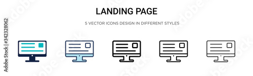 Landing page icon in filled, thin line, outline and stroke style. Vector illustration of two colored and black landing page vector icons designs can be used for mobile, ui, web