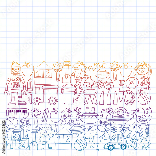 Kindergarten preschool school children. Kids drawing style vector pattern. Play grow learn together.