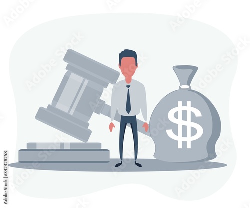 Bag of money with a dollar sign and a judge's hammer. Concept lobbying for the adoption of a law or a norms, corruption. Payment of fines and penalties. award of compensation for damage. Vector.