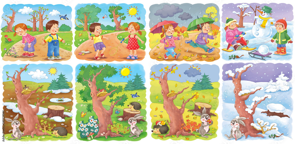 Four seasons. Spring, summer, autumn, winter. Set of 8 pictures. Cute ...