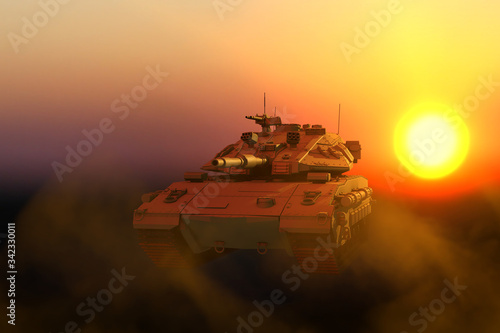 Military 3D Illustration of camouflage for desert heavy tank with fictive design on sunset in desert, high resolution army forces concept
