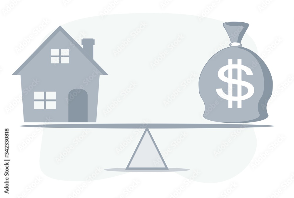 Housing loan market Sample houses and balance moneybag on the seesaw Real estate concepts. Stock flat vector illustration. Housing loan market Sample houses and balance moneybag on the seesaw Real estate concepts. Stock flat vector illustration.