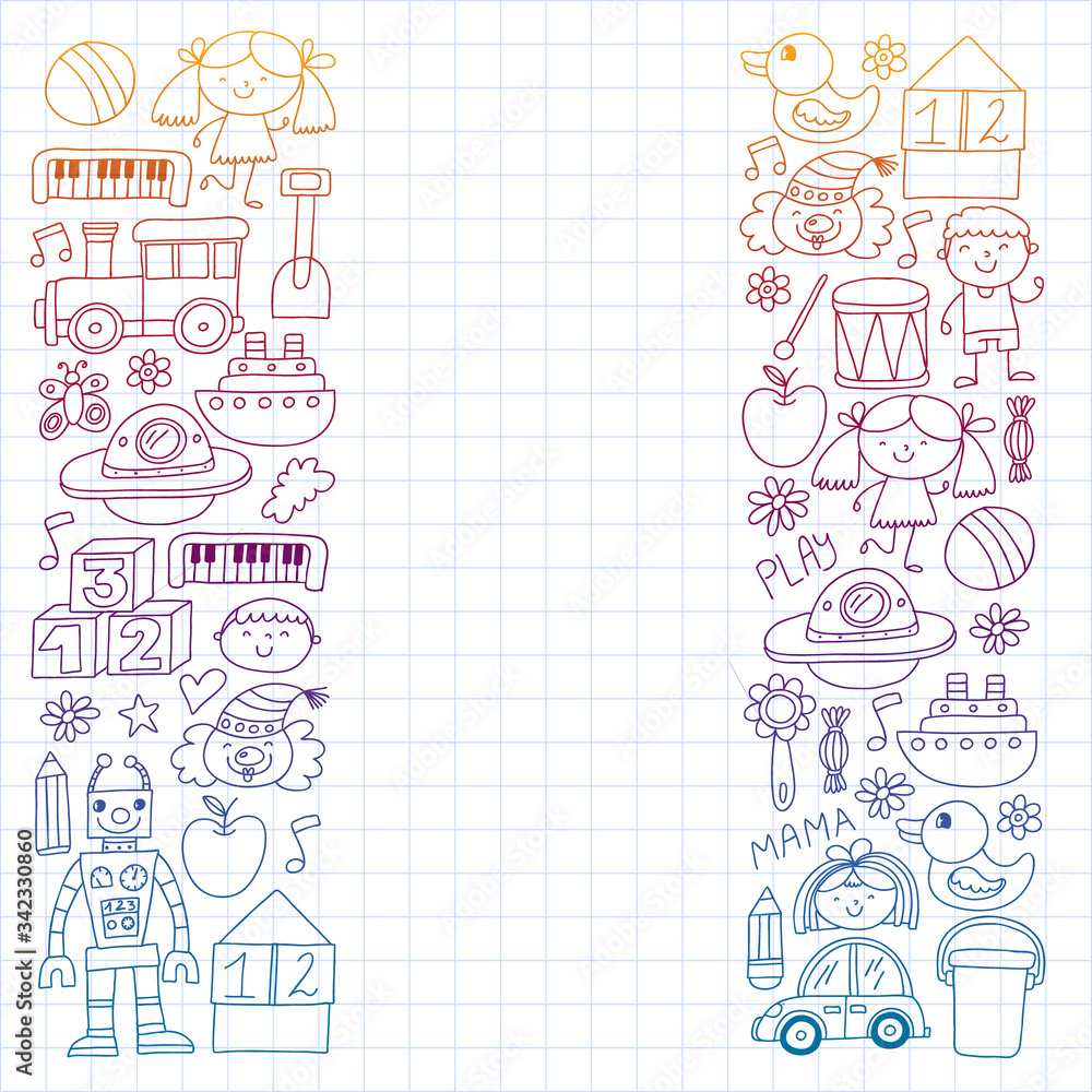 Fototapeta premium Kindergarten preschool school children. Kids drawing style vector pattern. Play grow learn together.