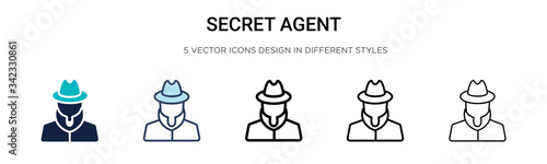 Secret agent icon in filled, thin line, outline and stroke style. Vector illustration of two colored and black secret agent vector icons designs can be used for mobile, ui, web