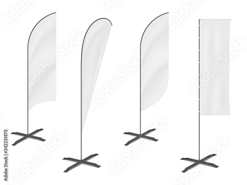 White blank event flag, vector mockup set. Vertical banner stands, mock-up. Template for design