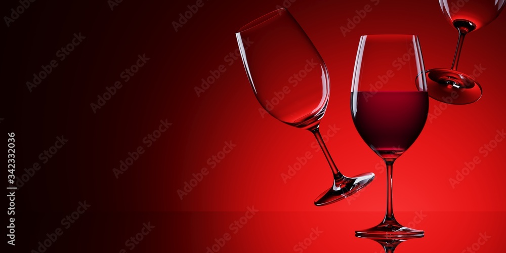 Minimal composition for dining and lifestyle concept. Red wine glasses isolated on red background. 3d rendering illustration.