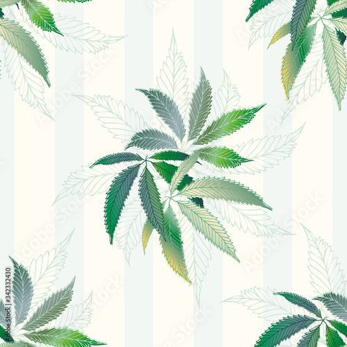 Cannabis leaves seamless vector pattern background. Hemp foliage on striped backdrop. Vintage line art botanical marijuana design. Elegant all over print for wellness, health, self care, home concept