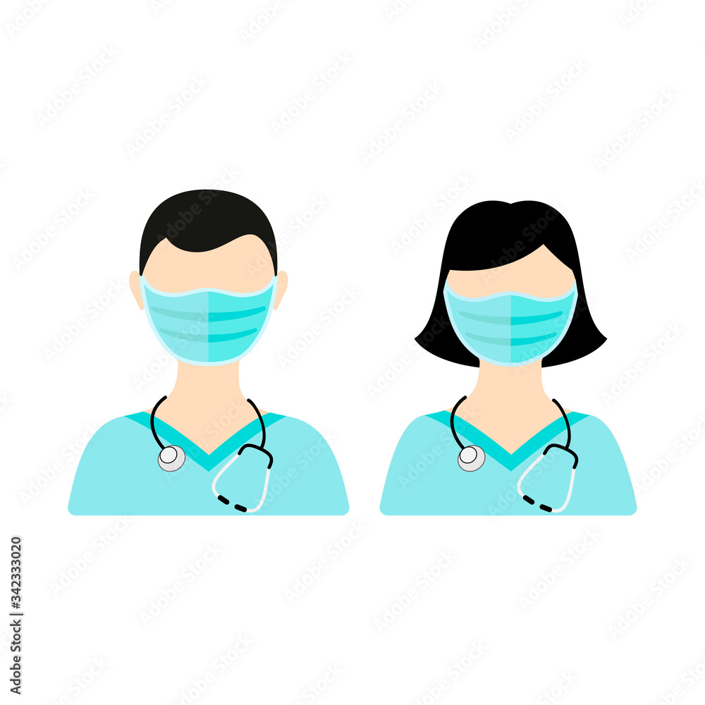 Man and Woman in face protective medical mask for prevent virus Wuhan Covid-19. Vector illustration.
Woman and man wearing a surgical mask on a white background Man and Woman in face protective medical mask for prevent virus Wuhan Covid-19. Vector illustration.
Woman and man wearing a surgical mask on a white background