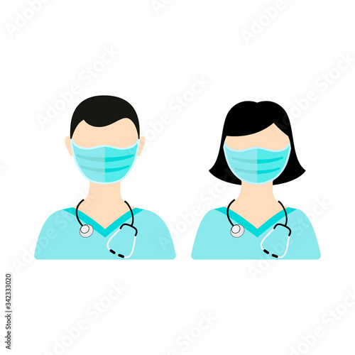 Man and Woman in face protective medical mask for prevent virus Wuhan Covid-19. Vector illustration.  Woman and man wearing a surgical mask on a white background © mahanya342