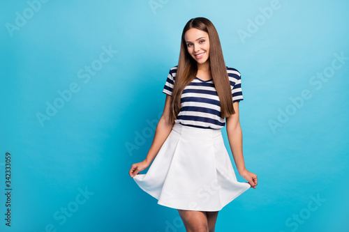 Canvas Print Photo of pretty charming lady traveler hold short wavy skirt good mood long hair