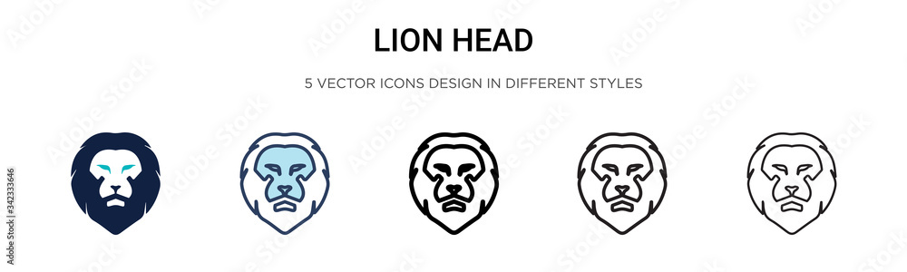 Lion head icon in filled, thin line, outline and stroke style. Vector illustration of two colored and black lion head vector icons designs can be used for mobile, ui, web