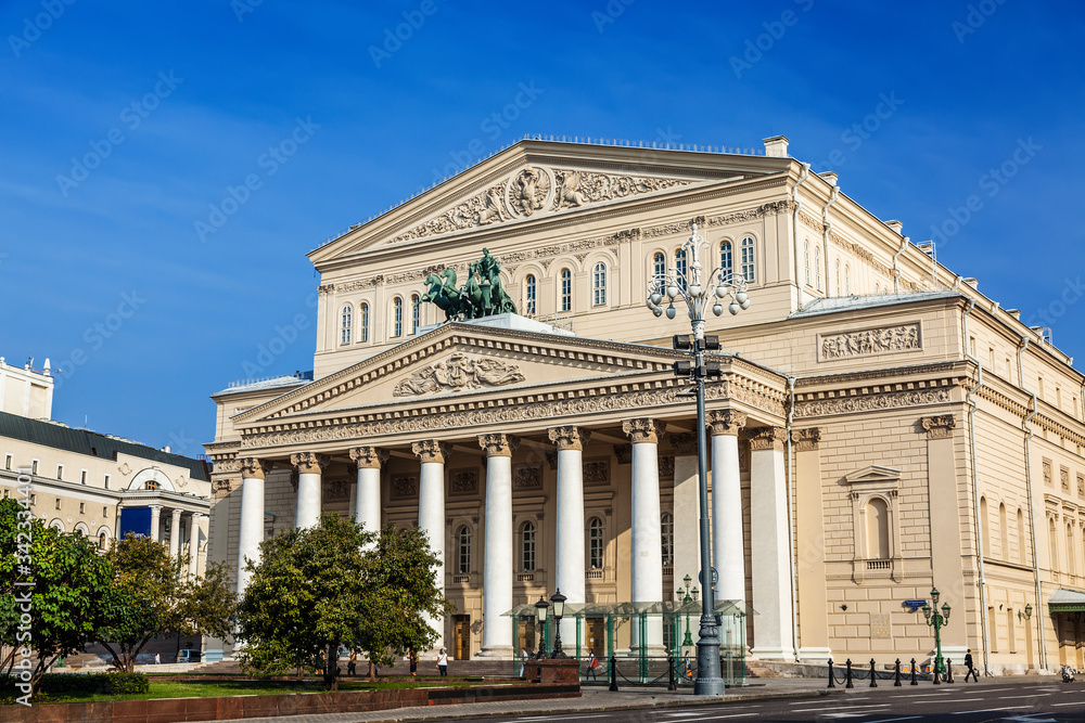 View of the Bolshoi theater on a sunny summer day, Moscow, Russia
