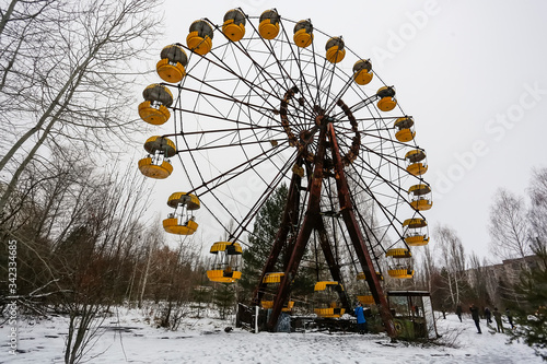 Abandoned amusement park in ghost town Prypiat. Priryat, Chornobyl exclusion zone. December 2016