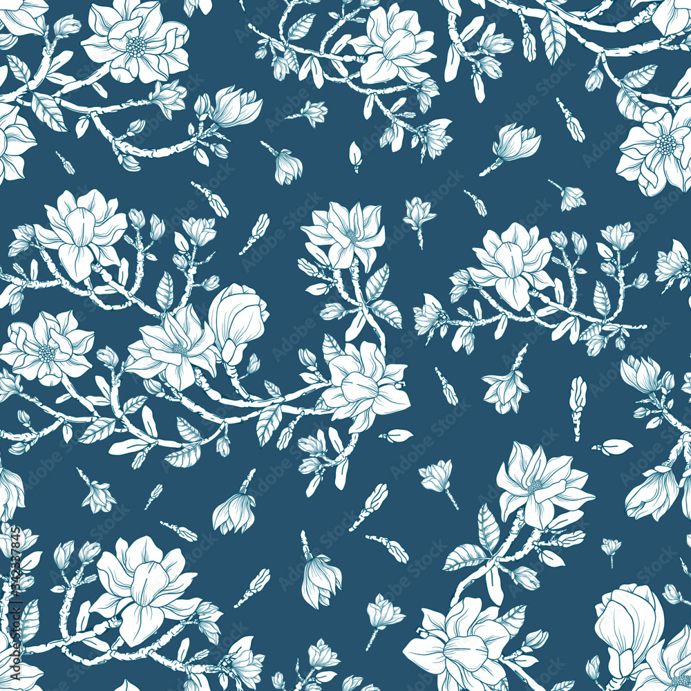 blue background with some interesting hand drawn white magnolia flowers.