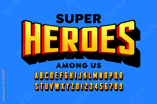 Comics super hero style font design, alphabet letters and numbers