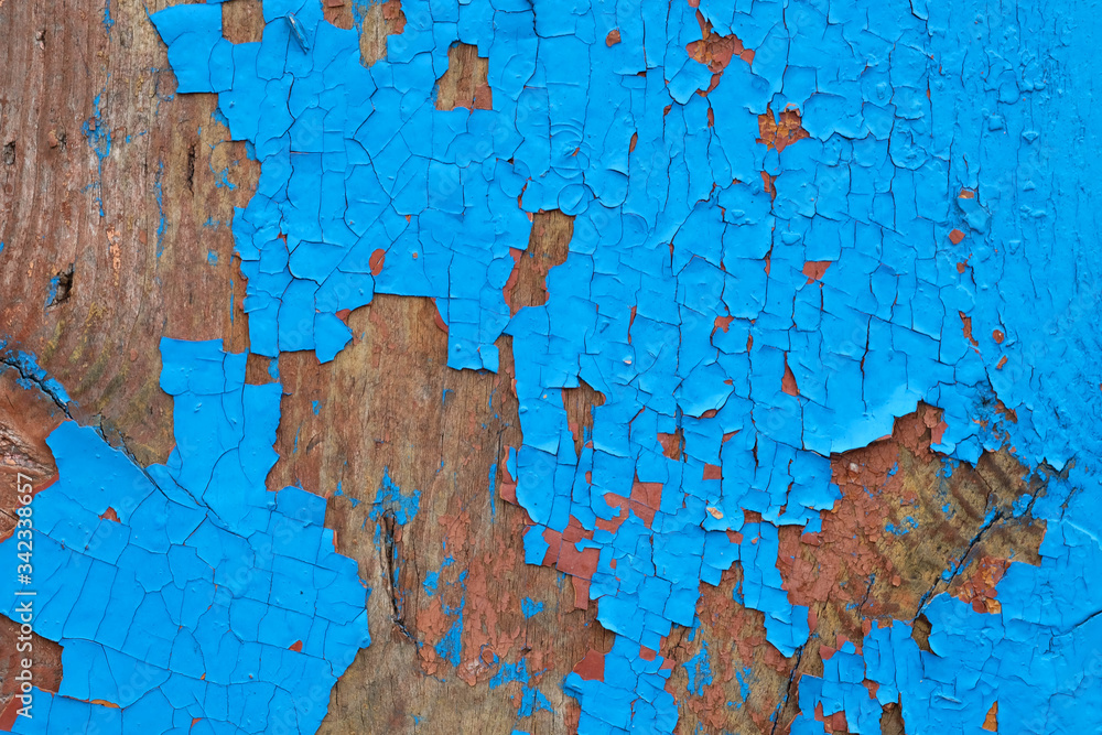 Texture of peeling blue paint on a wooden surface. Old peeling cracked paint on the fence. Bright blue paint on a wooden background close-up.