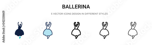 Ballerina icon in filled, thin line, outline and stroke style. Vector illustration of two colored and black ballerina vector icons designs can be used for mobile, ui, web