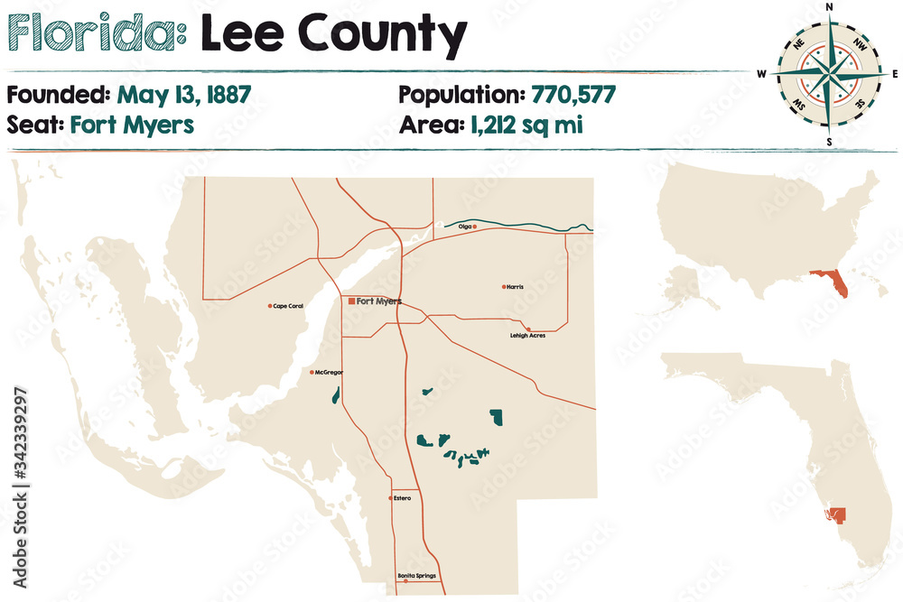 Large and detailed map of Lee county in Florida, USA.