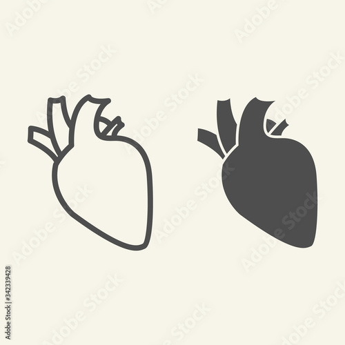 Heart organ line and solid icon. Human heart with aorta and arteries outline style pictogram on white background. Medical health signs for mobile concept and web design. Vector graphics.