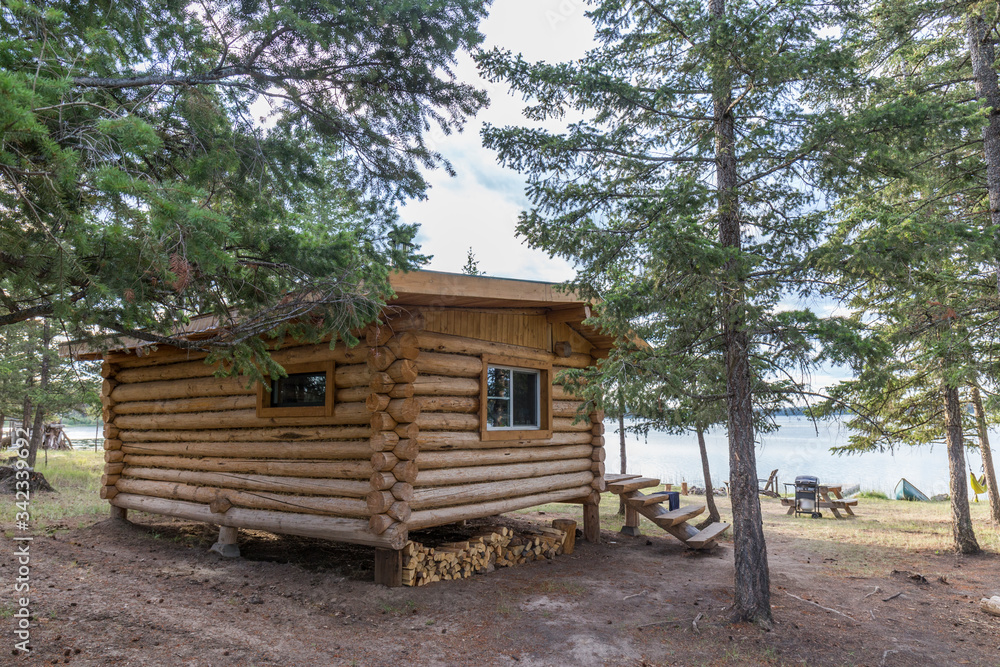 wooden cabin in the middle of the forest next to a lake