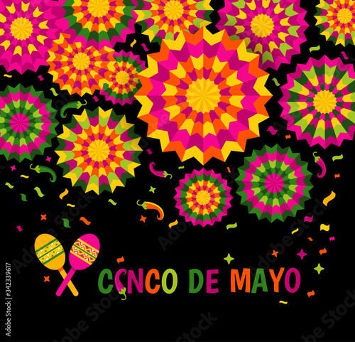 Abstract background with ethnic ornament. Element with mexican pattern. Template for greeting card, invitation or poster. Vector file celebrate illustration on black.