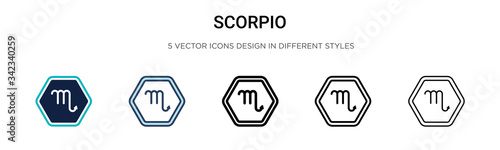 Scorpio icon in filled, thin line, outline and stroke style. Vector illustration of two colored and black scorpio vector icons designs can be used for mobile, ui, web