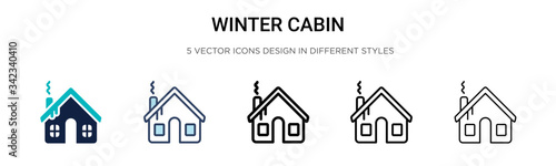 Winter cabin icon in filled, thin line, outline and stroke style. Vector illustration of two colored and black winter cabin vector icons designs can be used for mobile, ui, web