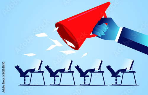 Angry foreman holding megaphone to urge lazy employees to work quickly