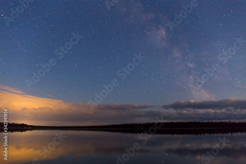 slow shutter  night on the lake  millions of stars in the blue sky reflected in the water  as well as the milky way