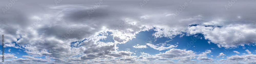 Seamless hdri panorama 360 degrees angle view blue sky with beautiful fluffy cumulus clouds with zenith for use in 3d graphics or game development as sky dome or edit drone shot Seamless hdri panorama 360 degrees angle view blue sky with beautiful fluffy cumulus clouds with zenith for use in 3d graphics or game development as sky dome or edit drone shot