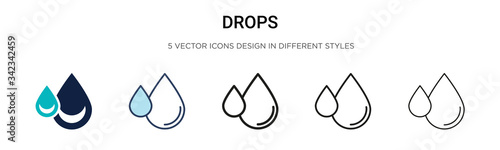 Drops icon in filled, thin line, outline and stroke style. Vector illustration of two colored and black drops vector icons designs can be used for mobile, ui, web