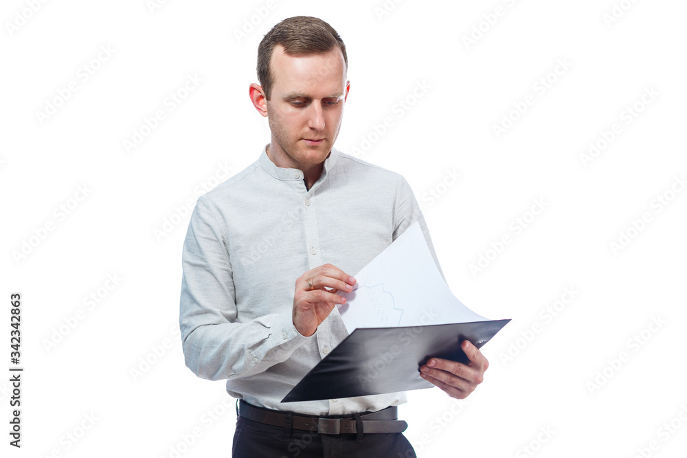 man businessman, a teacher, a mentor, study and sign documents a new Business Projects. Isolated on white background man businessman, a teacher, a mentor, study and sign documents a new Business Projects. Isolated on white background