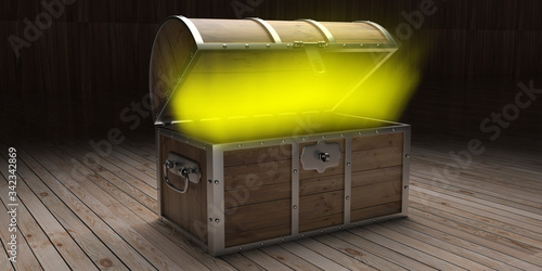 Canvas-taulu Treasure chest open glowing on wooden floor, dark background