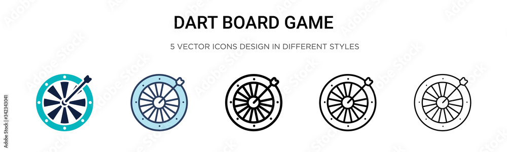 Dart board game icon in filled, thin line, outline and stroke style. Vector illustration of two colored and black dart board game vector icons designs can be used for mobile, ui, web