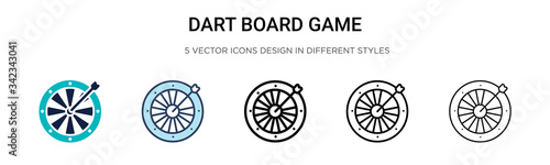 Dart board game icon in filled, thin line, outline and stroke style. Vector illustration of two colored and black dart board game vector icons designs can be used for mobile, ui, web
