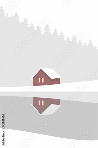 Creative concept vector illustration lonely cabin house in the snow on european woods forest winter background.