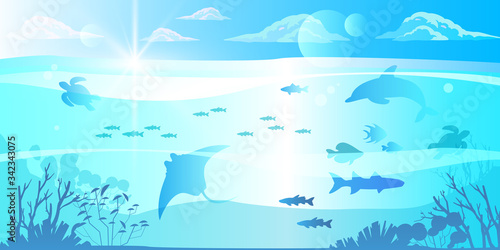 Underwater blue background with dolphin, turtle, stingray, fish, coral reefs, plants silhouettes. Tropical ocean eco banner with clouds, pure transparent water, sea animals, sun flares. Diving concept