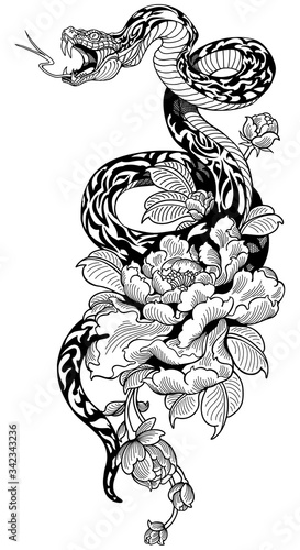 snake coiled around peony flower. Black and white Tattoo. Graphic style vector illustration