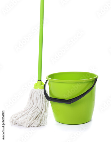 Floor mop with bucket on white background