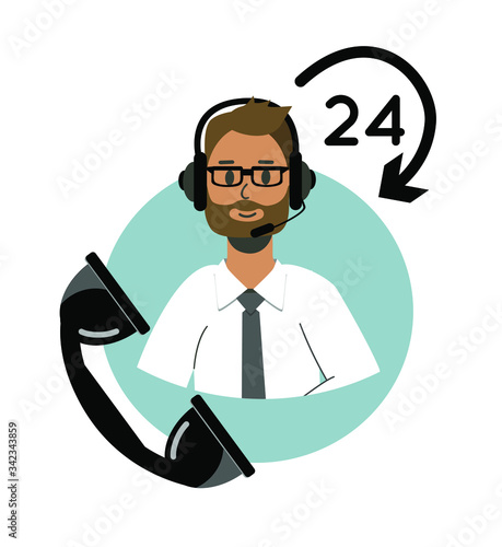 24 hour support service icon. Man with headphones, headset, vector. Call the support center 24/7. 