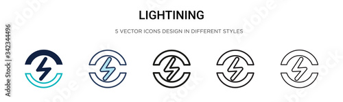 Lightining icon in filled, thin line, outline and stroke style. Vector illustration of two colored and black lightining vector icons designs can be used for mobile, ui, web photo