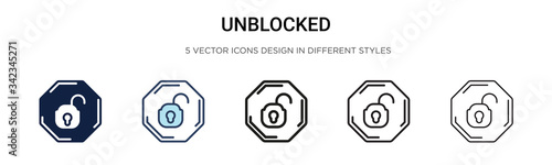 Unblocked icon in filled, thin line, outline and stroke style. Vector illustration of two colored and black unblocked vector icons designs can be used for mobile, ui, web