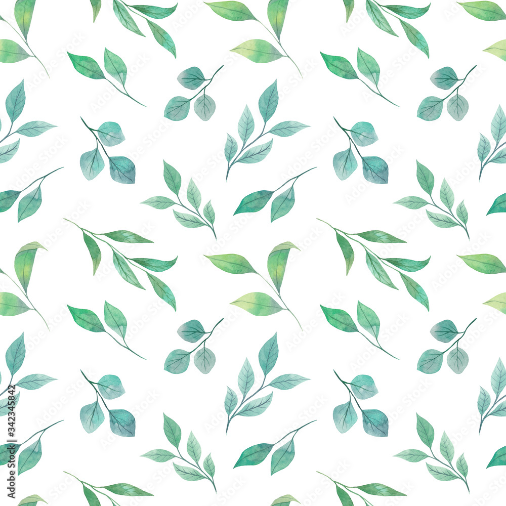 Fototapeta Watercolor seamless pattern of green twigs isolated on a white background