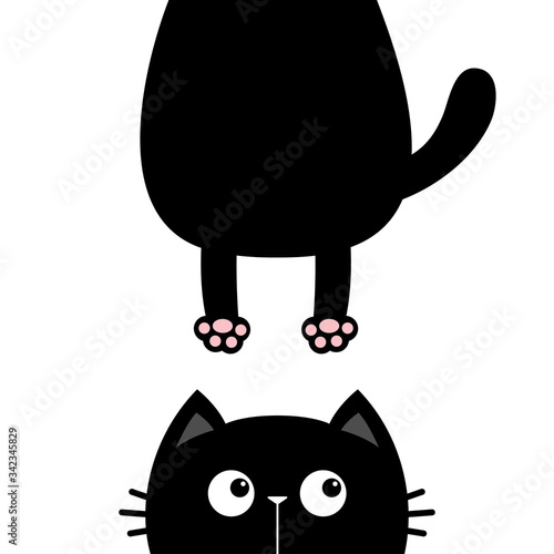 Black cat look right side. Funny face head silhouette. Hanging fat body paw print, tail. Kawaii animal. Baby card. Notebook cover. Cute cartoon character. Pet collection. Flat. Blue background.
