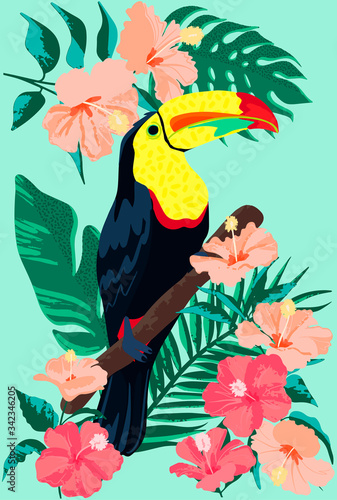 Abstract toucan with exotic flowers and palm trees for decorative design. Yellow toucan pattern in beautiful style on white background.